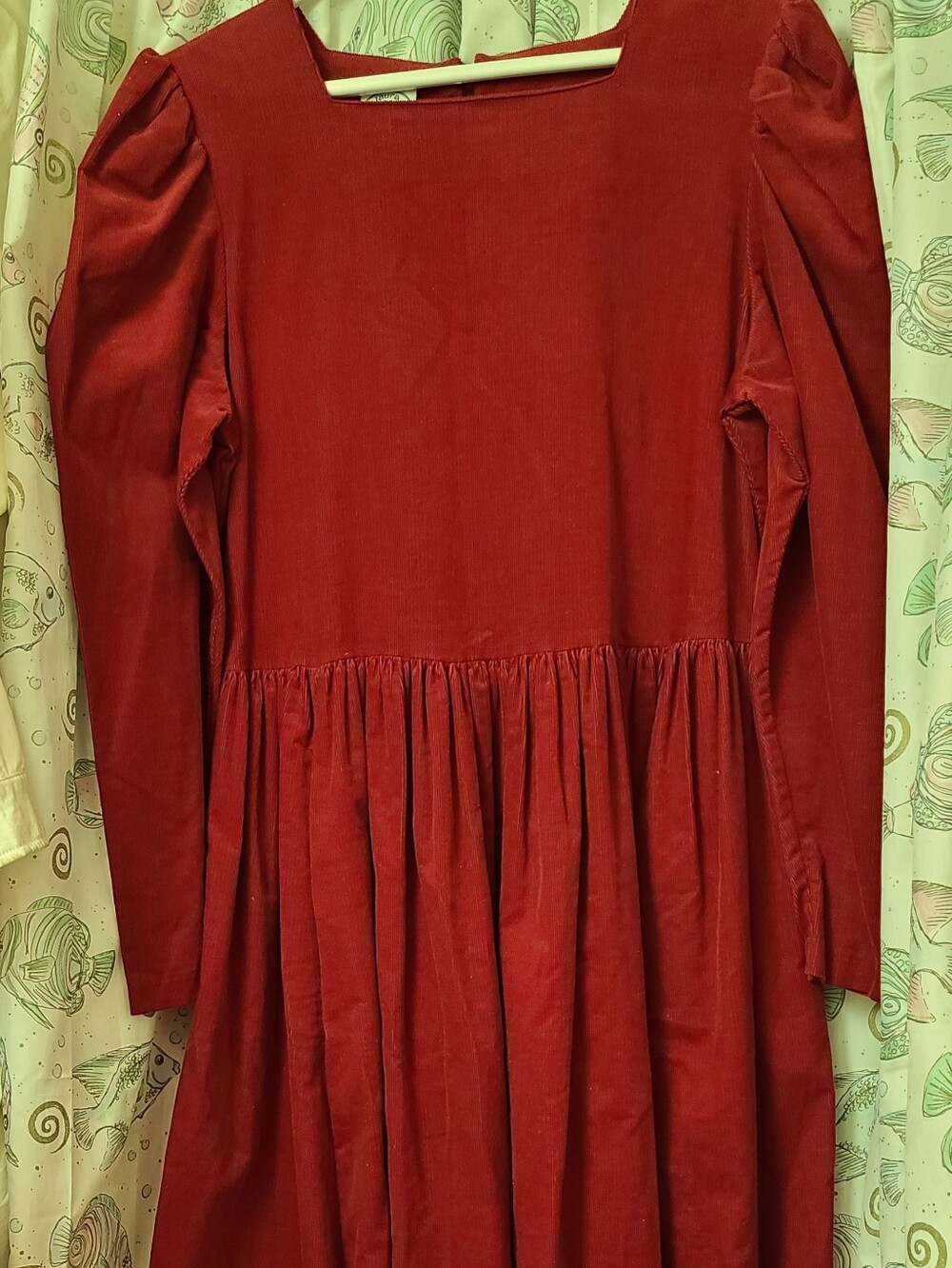 1980's Laura Ashley Red Corduroy Square-Neck Dress